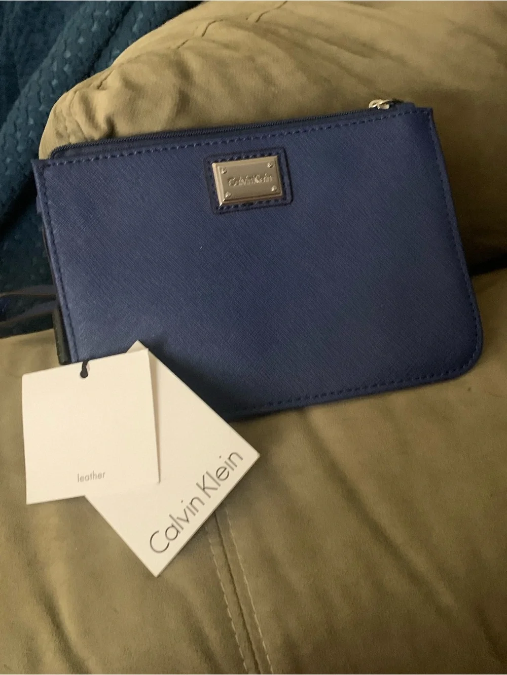 Calvin Klein Royal Blue Leather Wristlet with Metal Plaque